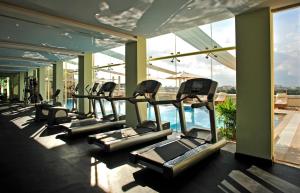 钦奈泰姬陵俱乐部大厦酒店的健身房里一排跑步机,带有游泳池