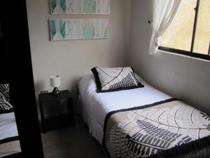 拉塞雷纳大太平洋酒店的一间小卧室,配有两张床和窗户