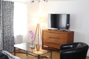 施派尔Inside Apartments Speyer的客厅配有木梳妆台上的电视