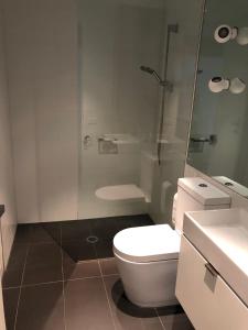 墨尔本Fantastic Southbank Apartment的一间带卫生间和玻璃淋浴间的浴室
