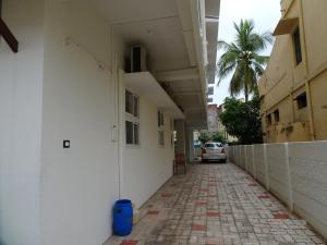蒂鲁奇奇拉帕利Haritham的一条带有棕榈树的白色建筑的走廊