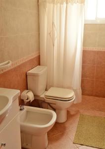 拉斯格路塔斯Complejo Sierras Blancas的一间带卫生间和淋浴帘的浴室