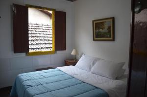 马里亚纳Pouso da Passagem B&B的一间卧室配有一张带蓝色毯子的床和窗户。