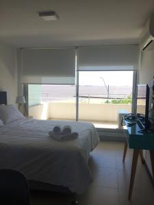 科洛尼亚-德尔萨克拉门托Dos Orillas Monoambiente 412的一间卧室设有一张床和一个大窗户