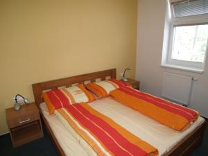 霍多宁Lipovka penzion的卧室里一张带彩色毯子的床