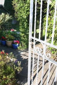特鲁罗TOWNHOUSE ROOMS的花园内种有盆栽植物的白色门