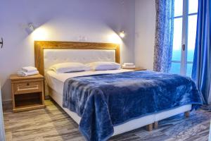 米克诺斯城弗朗西斯卡别墅酒店的一间卧室配有一张带蓝色毯子的大床