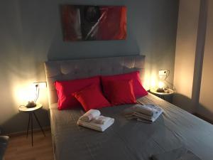 雅典Bring only your toothbrush!的一间卧室配有一张带红色枕头和毛巾的床。