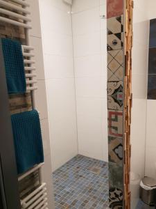 维利希纳奇特库尔提尔酒店的浴室铺有瓷砖地板,设有淋浴。