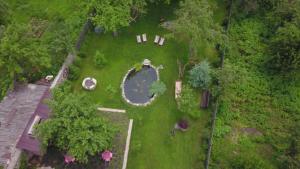 迪利然塔赫特豪斯酒店的享有花园的顶部景致,设有池塘