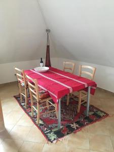 慕尼黑Helle und ruhige Dachgeschosswohnung的一间用餐室,配有红色的桌子和椅子