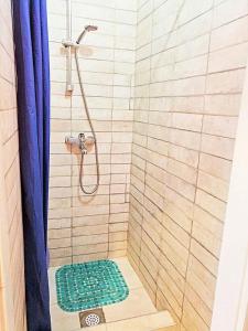 萨拉热窝Sarajevo Rooms的一间带淋浴的浴室,配有绿色垫子