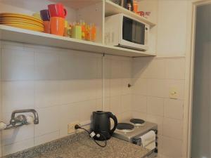 布宜诺斯艾利斯Apartamento Segui UNICO LUMINOSO的厨房配有炉灶和微波炉。