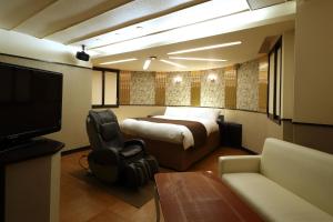 冈山Hotel Fine Garden Okayama I的一间卧室配有一张床、一张沙发和一台电视。