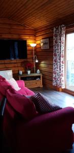 威廉堡Glenmhor Log Cabin的客厅配有红色沙发和电视