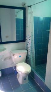 科韦尼亚斯Apartamentos Las Múcuras的浴室配有白色卫生间和淋浴。