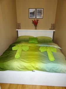 什平德莱鲁夫姆林Medvědín Apartmán 106的一张带绿棉被的床,上面有两只泰迪熊