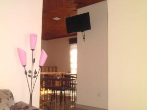 埃拉茉莉花园旅馆的客厅的墙壁上配有电视和粉红色物品