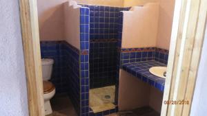 Casas GrandesPUEBLO DEL SOuL at Paquime的蓝色瓷砖浴室设有卫生间和水槽