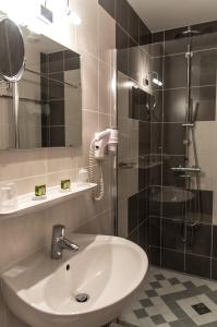 龙尚Le Rhien Hôtel-Restaurant的浴室配有盥洗盆和带镜子的淋浴