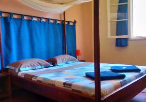 迭戈苏瓦雷斯Hotel Le Petit Paradis的一间卧室配有一张蓝色窗帘的床