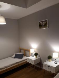 姆瓦瓦Arkadia Hostel的一间卧室配有一张带2个床头柜和2盏灯的床。