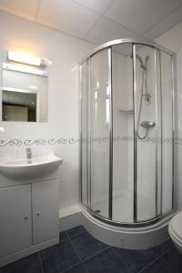 圣赫利尔泽西西山乡村酒店的带淋浴和盥洗盆的浴室