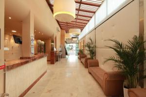 圣阿古斯丁Grupotel Playa Feliz的医院的大厅,里面长着长沙发和植物