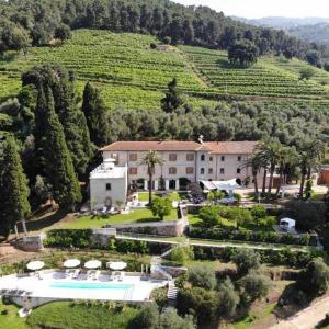 蒙蒂尼奥索Relais Montepepe Winery & Spa的享有带游泳池的房屋的空中景致