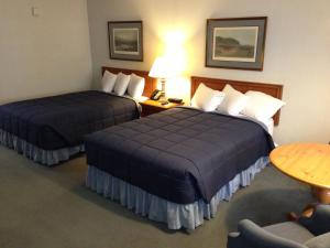 日内瓦湖丰塔纳村旅馆的酒店客房设有两张床和一张桌子。