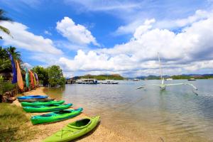 科隆Discovery Island Resort的湖岸上的一排皮艇