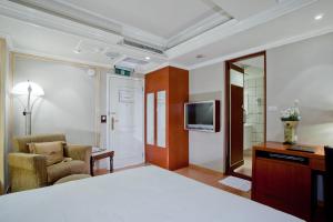 台北太豪大饭店的酒店客房配有一张床、一把椅子和一台电视。