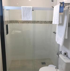 里约热内卢奥林达里奥酒店的带淋浴、卫生间和毛巾的浴室