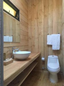 琼奇Cabaña Eco Loft Chiloe Chonchi的木制浴室设有水槽和卫生间