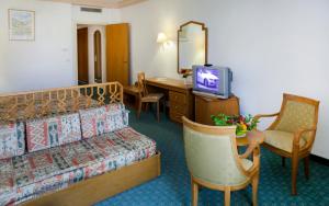 杜兹El Mouradi Douz的酒店客房配有一张床、一张书桌和一台电视。