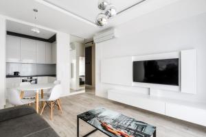 华沙Exclusive Trendy Apartments的带沙发、电视和桌子的客厅