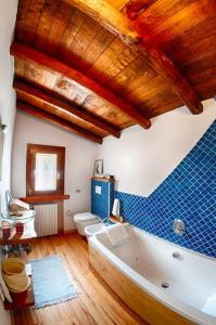 萨莱马拉西诺Agriturismo Da Gesi的浴室设有白色浴缸和蓝色瓷砖墙。