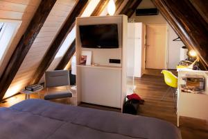 施韦比施哈尔施洛酒店的阁楼间设有床铺和电视