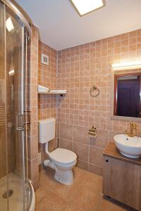 锡纳亚Hotel Regina的浴室配有卫生间、盥洗盆和淋浴。