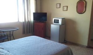 圣萨尔瓦多Casa San Benito的一间卧室配有电视和冰箱上的微波炉