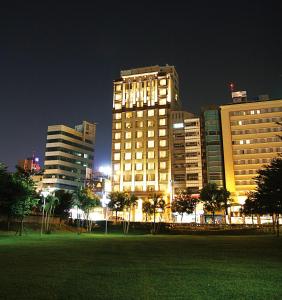 台北神旺商务酒店的城市天际线,晚上有高楼