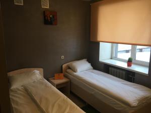 彼尔姆Hotel Albatros的小房间设有两张床和窗户
