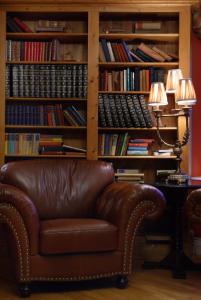 丁格尔丁格贝纳尔斯酒店的坐在书架前的棕色皮沙发