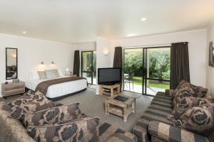 凯里凯里考瑞公园汽车旅馆的一间卧室配有一张床、一张沙发和一台电视。
