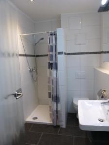 米尔豪森Apartmenthaus Villa Lindenbühl的带淋浴、卫生间和盥洗盆的浴室
