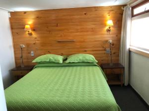 安库德Ancud Petit Hostal的一间卧室配有一张带两盏灯的绿床。