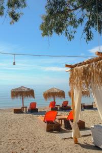 卡拉内拉迪诺斯客房酒店的海滩上的一组椅子和遮阳伞
