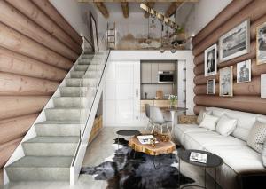 Ceske PetroviceSruby Haida的客厅的楼梯,配有沙发和桌子