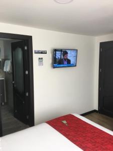 伊皮亚莱斯Hotel Florida ApartaSuites.的卧室的墙上设有一台电视和一张床