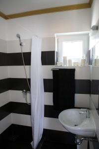 豪伊杜索博斯洛日落公寓酒店的黑白浴室设有水槽和淋浴